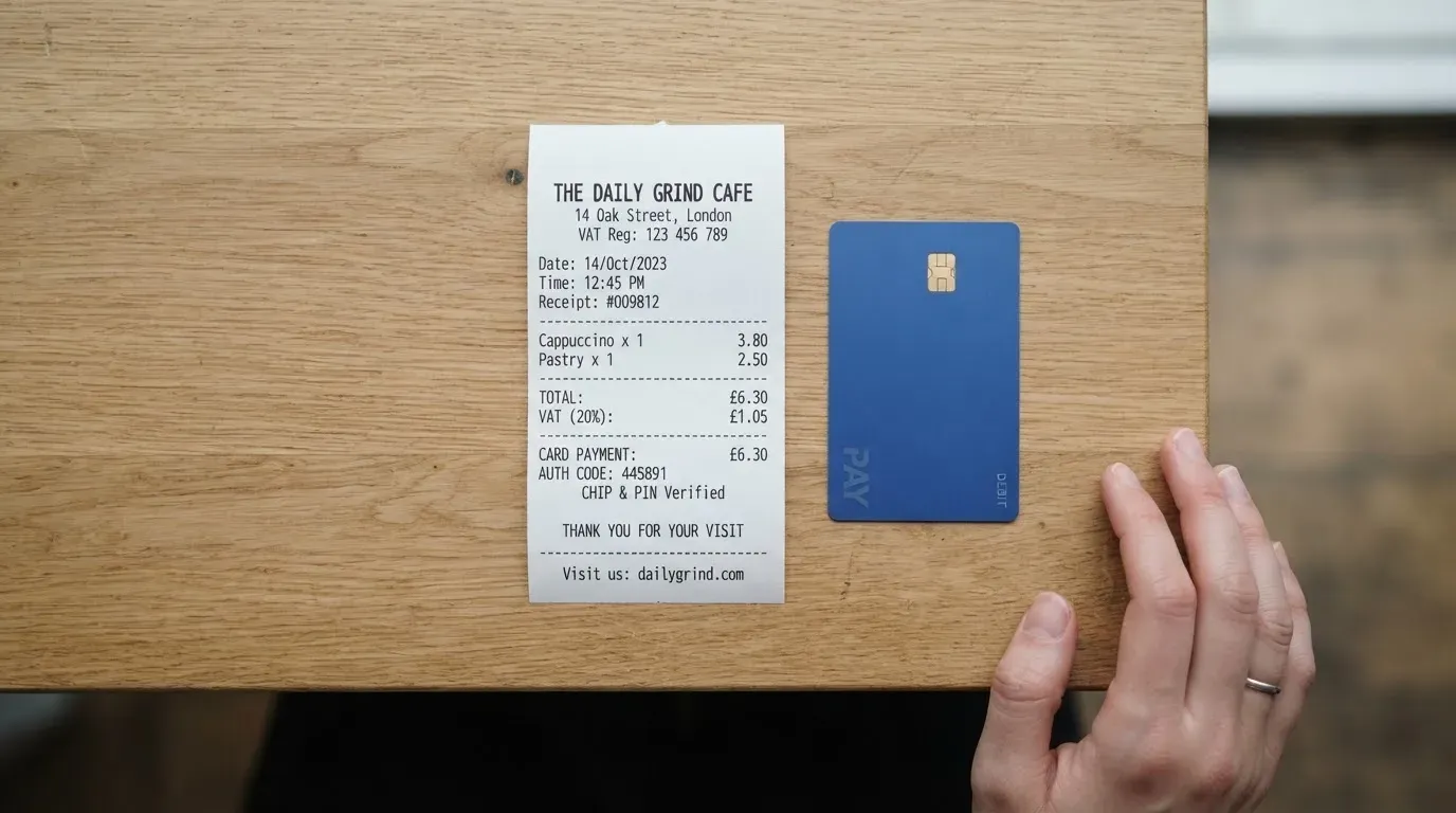A receipt and a card on a café table
