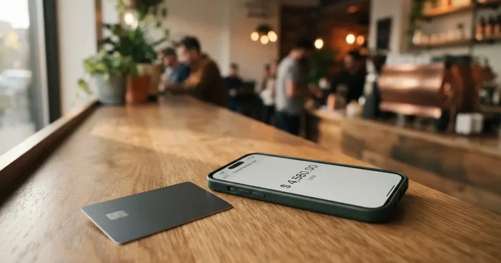 A payment card next to a phone with a crypto wallet app open