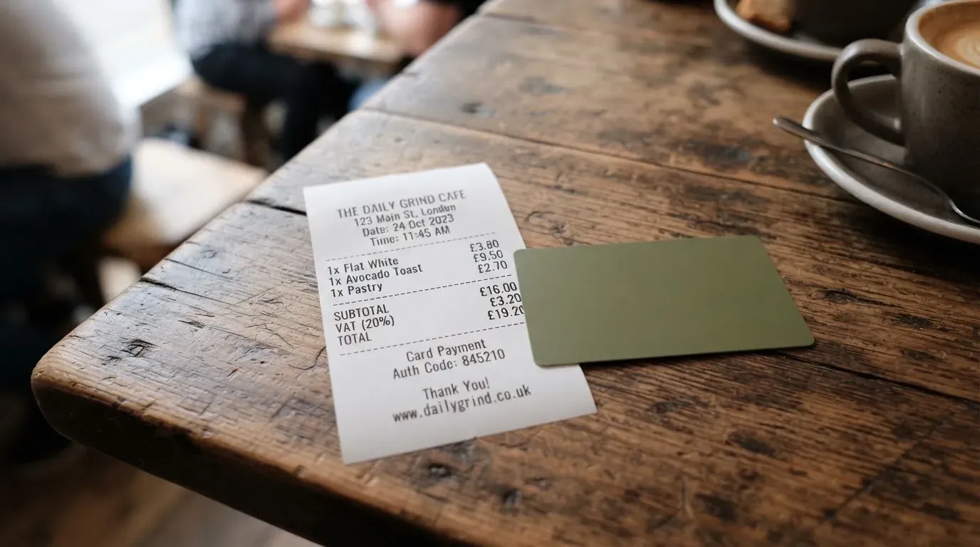 A receipt and a card on a café table