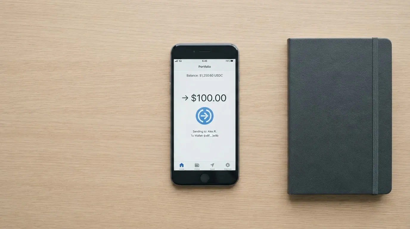A phone showing a stablecoin transfer screen
