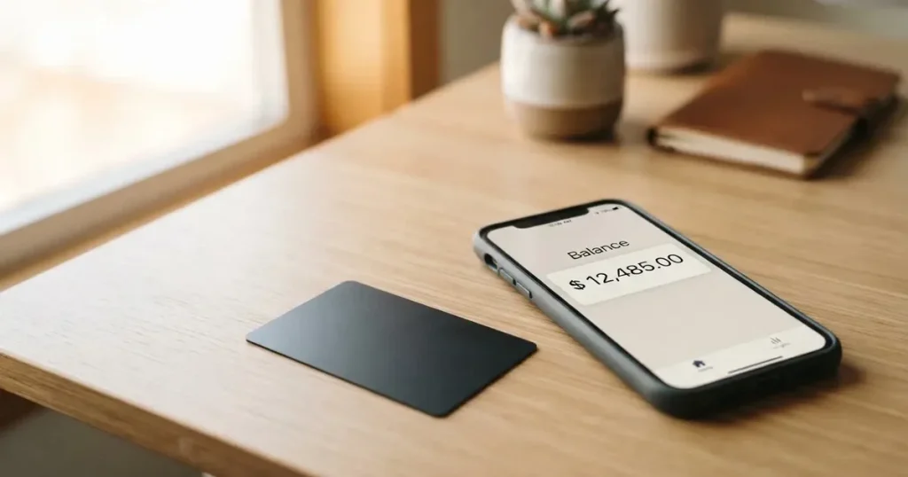 A payment card next to a phone with a crypto wallet app open