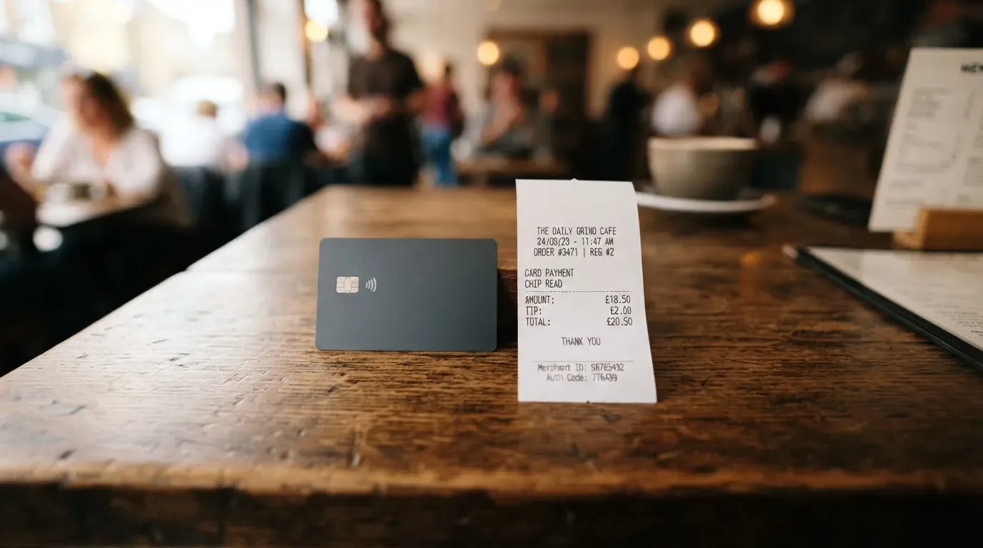 A receipt and a card on a café table