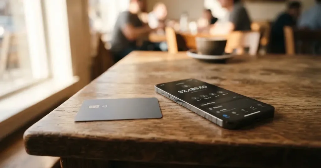 A payment card next to a phone with a crypto wallet app open