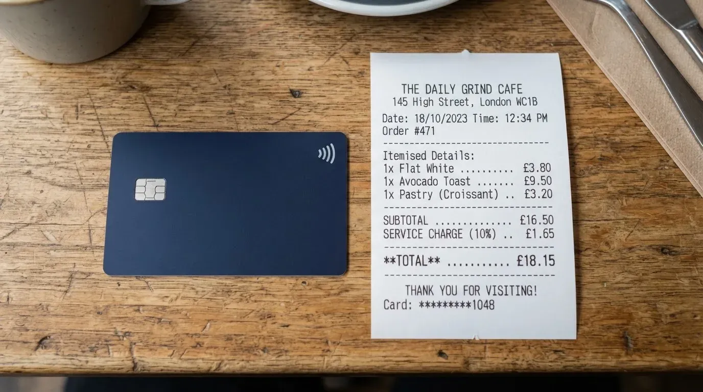 A receipt and a card on a café table