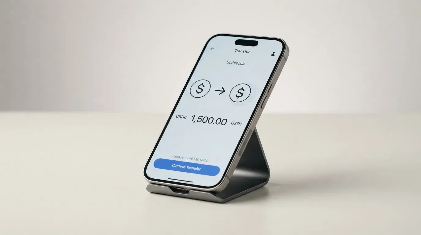 A phone showing a stablecoin transfer screen