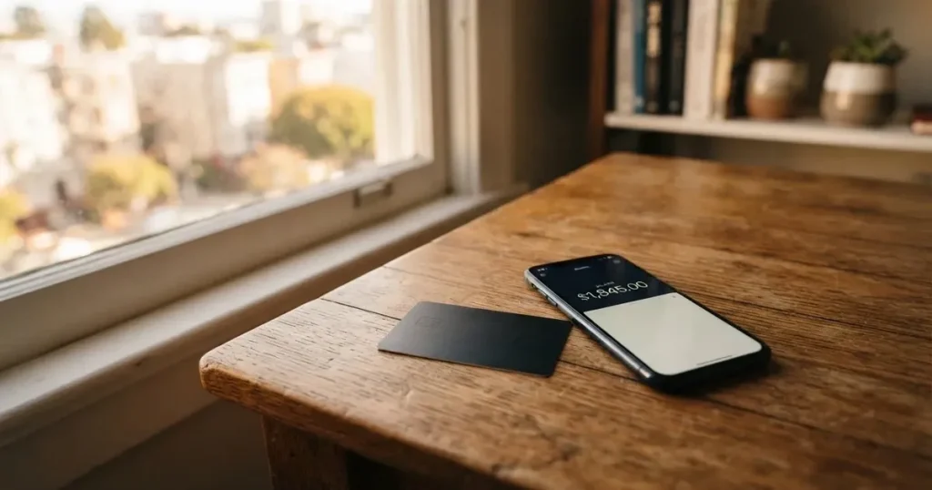 A payment card next to a phone with a crypto wallet app open