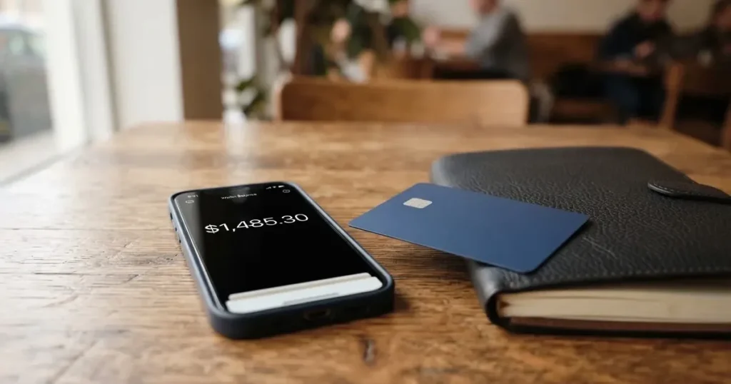 A payment card next to a phone with a crypto wallet app open