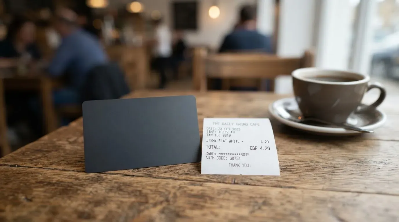A receipt and a card on a café table