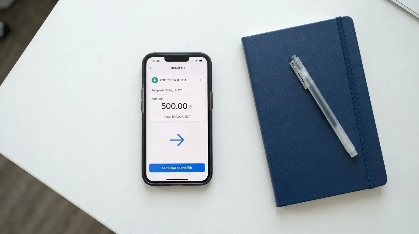 A phone showing a stablecoin transfer screen
