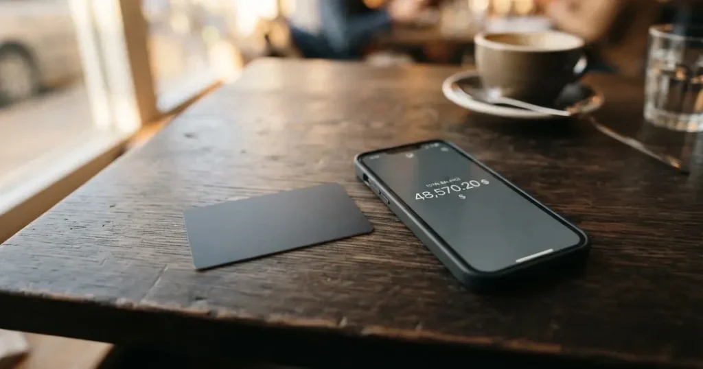 A payment card next to a phone with a crypto wallet app open