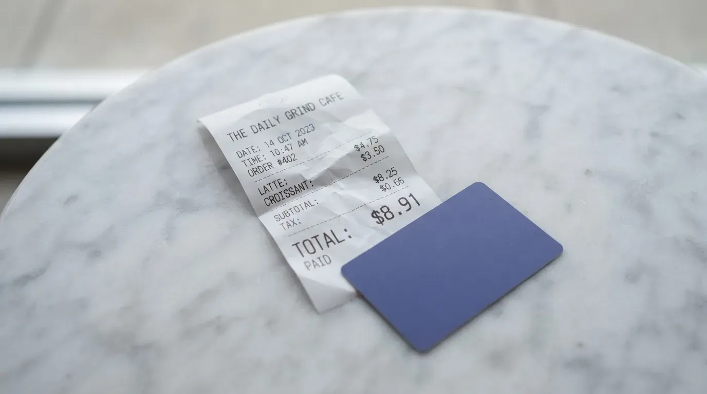 A receipt and a card on a café table