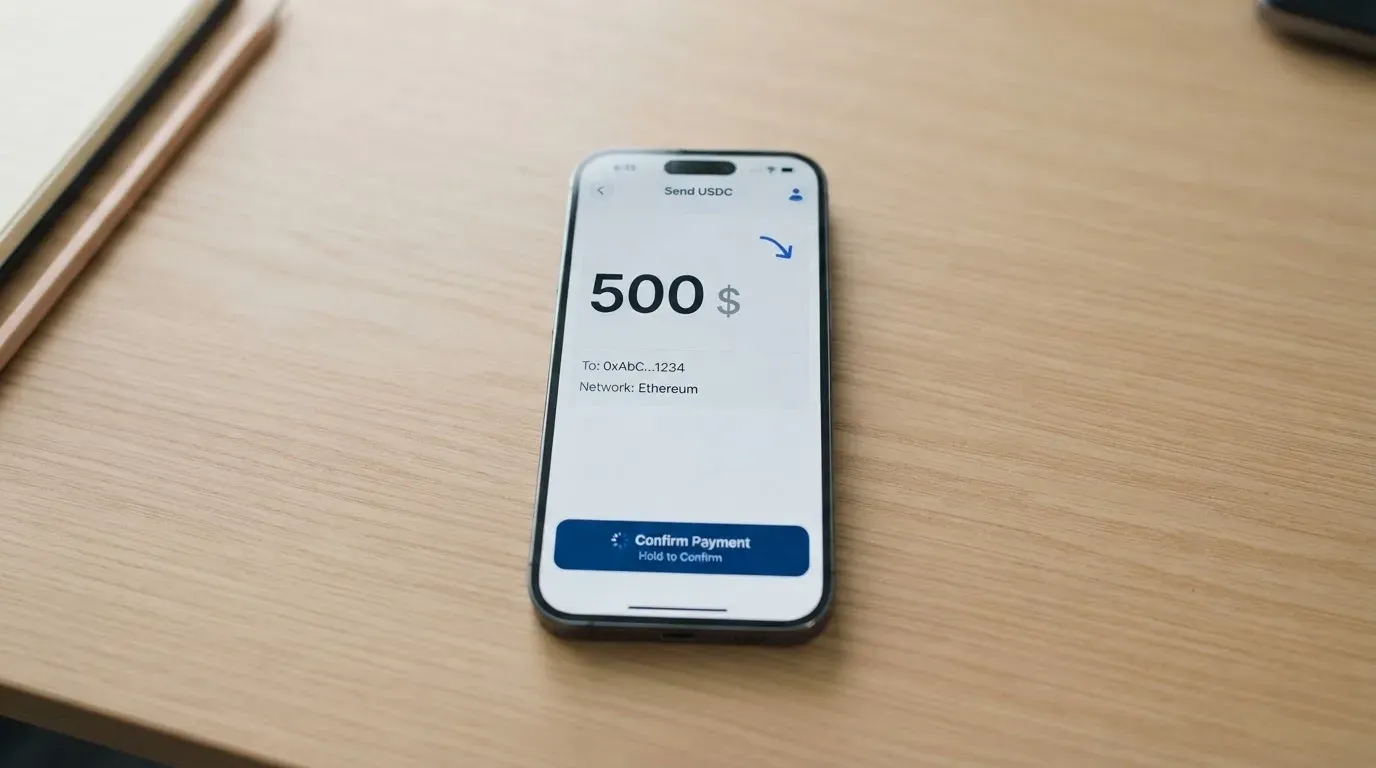 A phone showing a stablecoin transfer screen