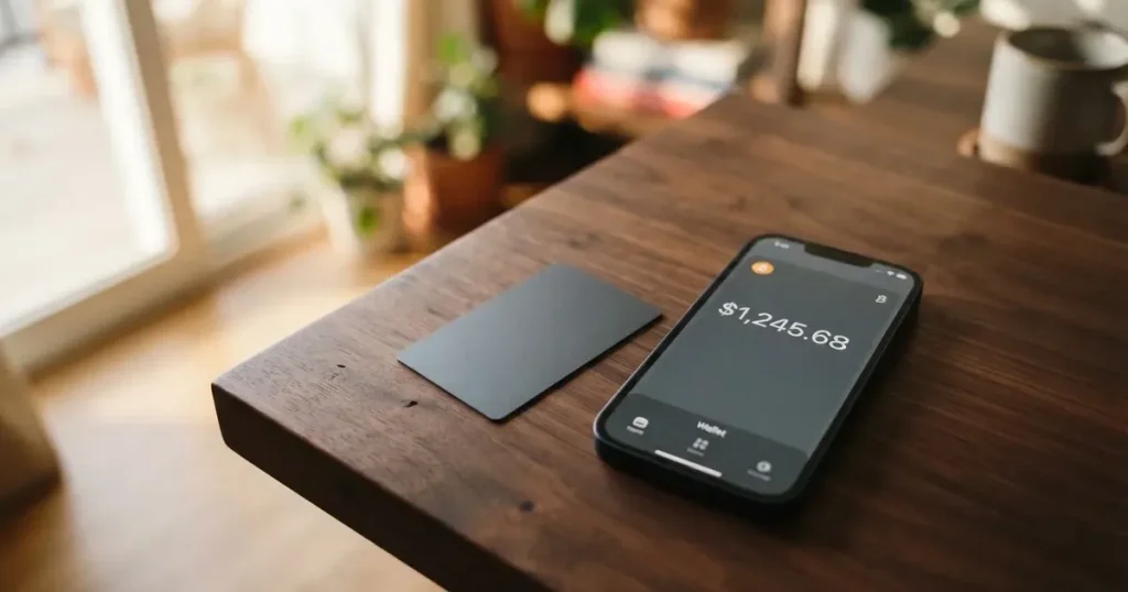 A payment card next to a phone with a crypto wallet app open