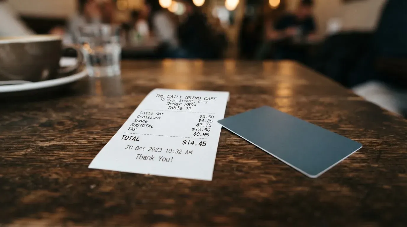 A receipt and a card on a café table