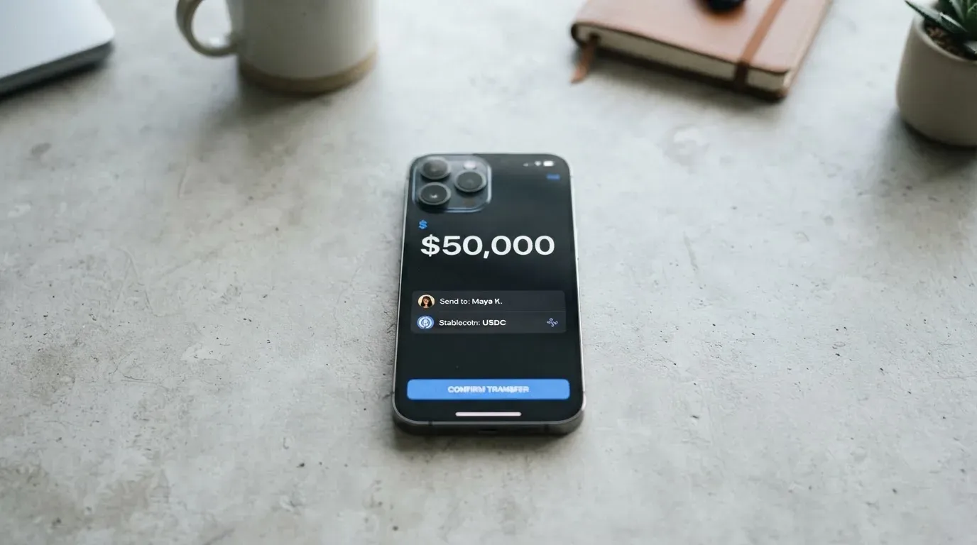 A phone showing a stablecoin transfer screen