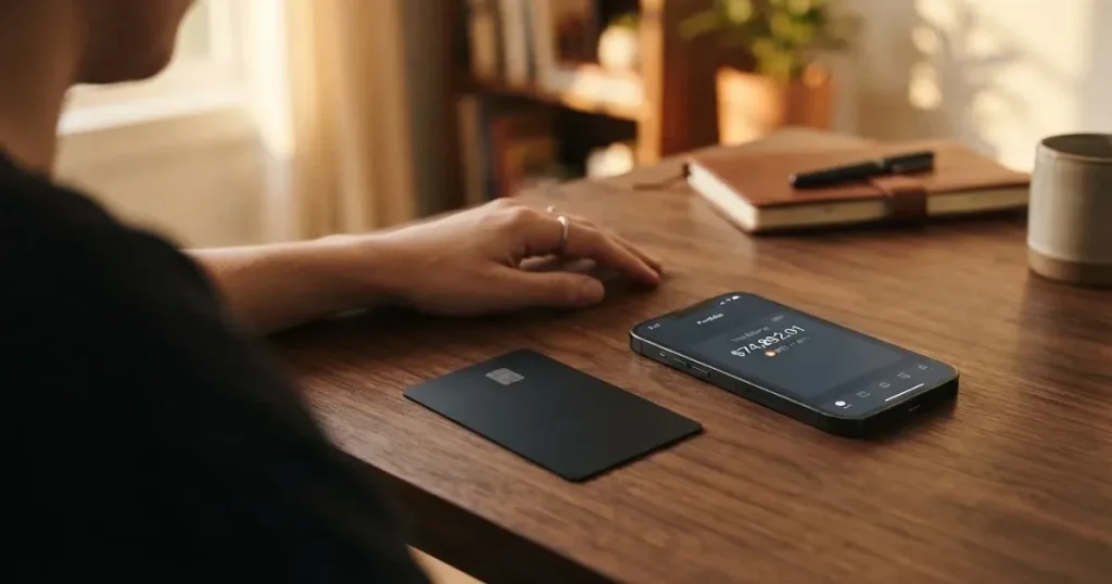 A payment card next to a phone with a crypto wallet app open
