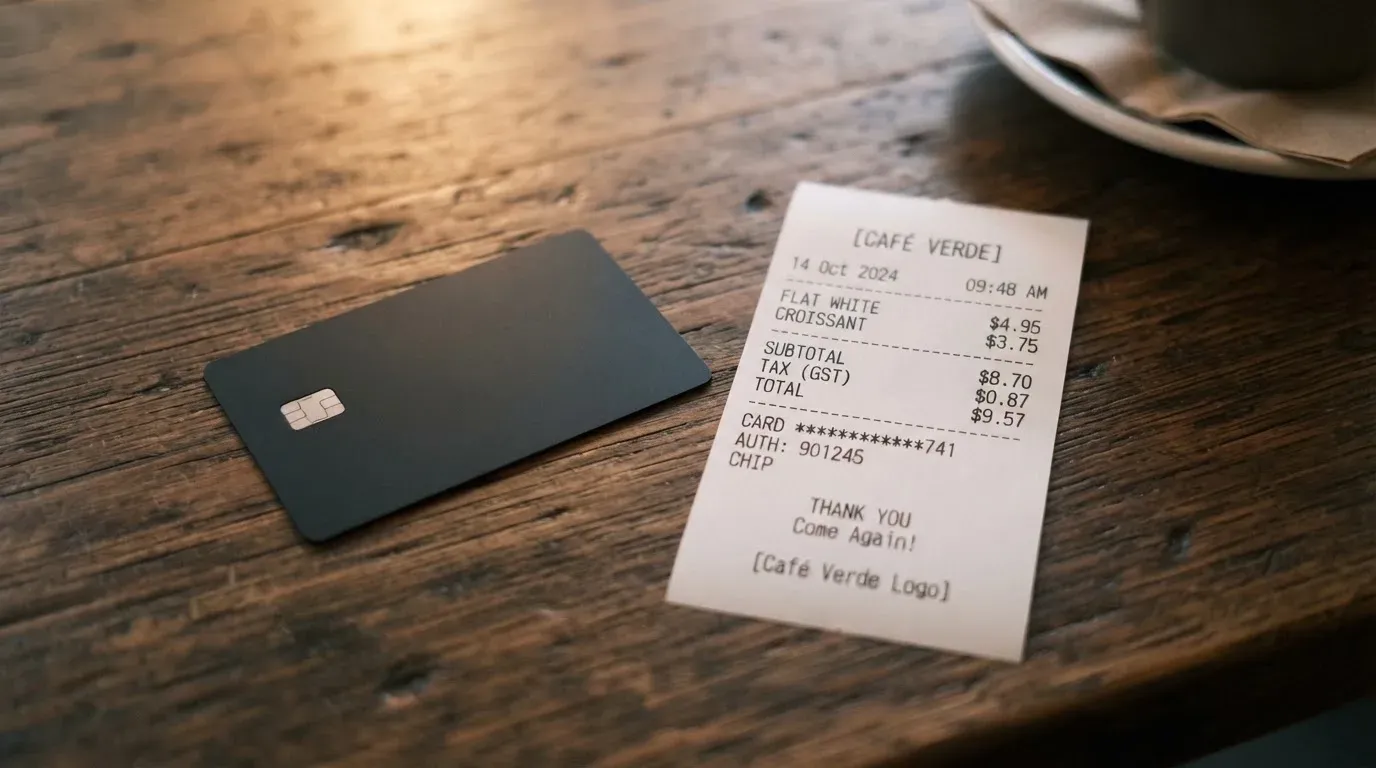 A receipt and a card on a café table
