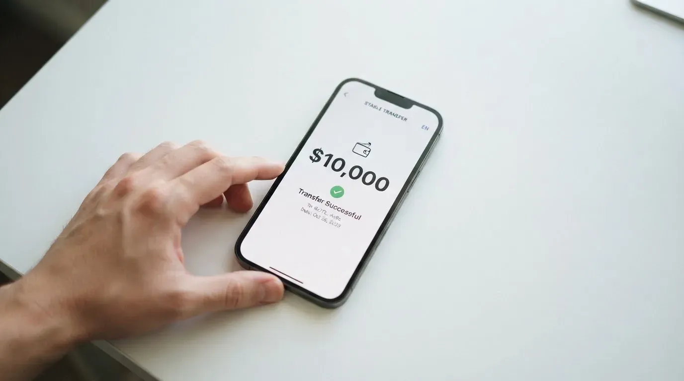 A phone showing a stablecoin transfer screen