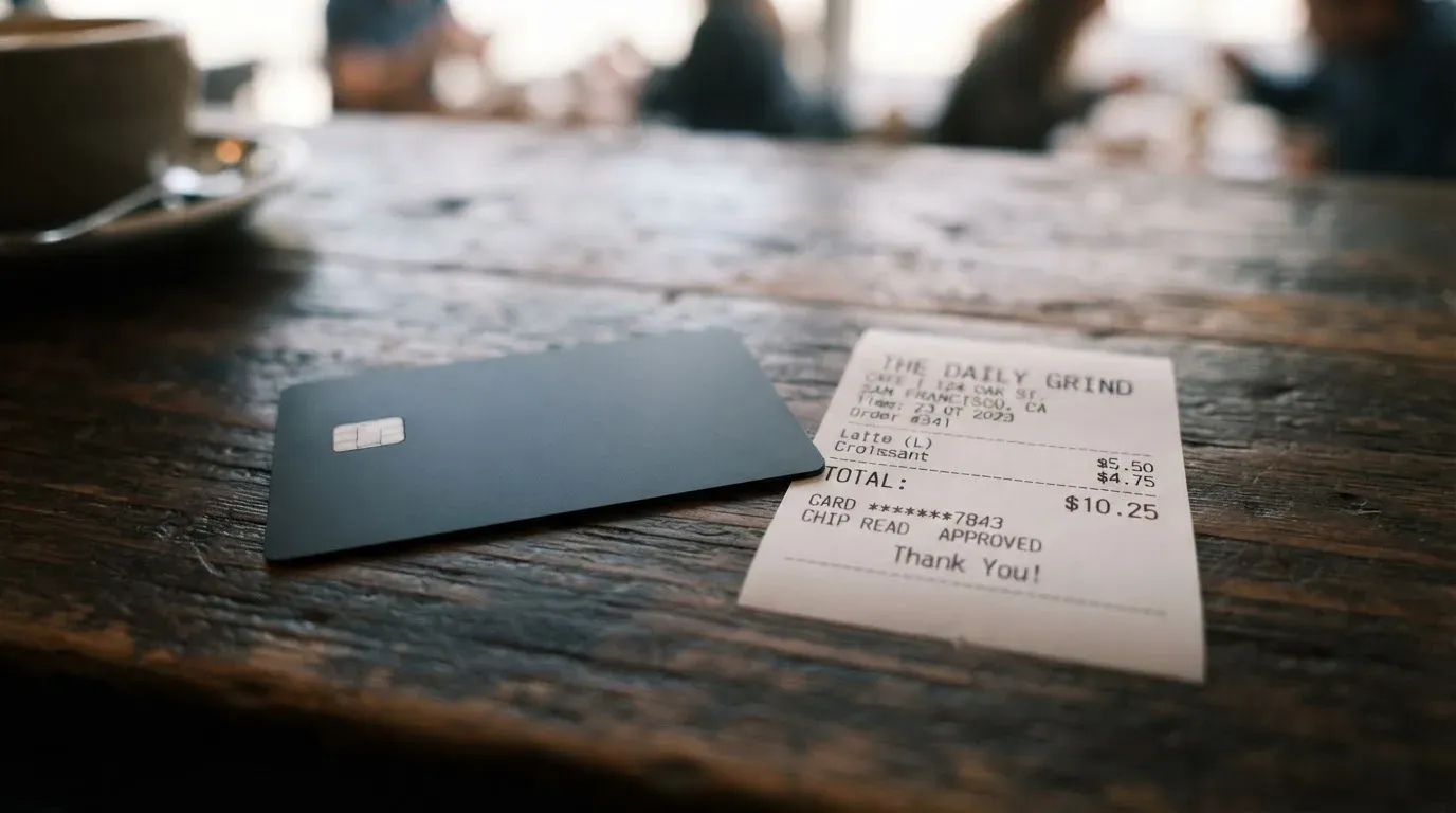 A receipt and a card on a café table