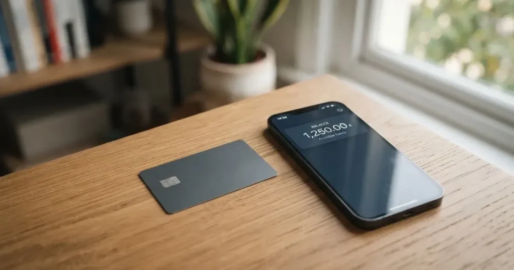 A payment card next to a phone with a crypto wallet app open