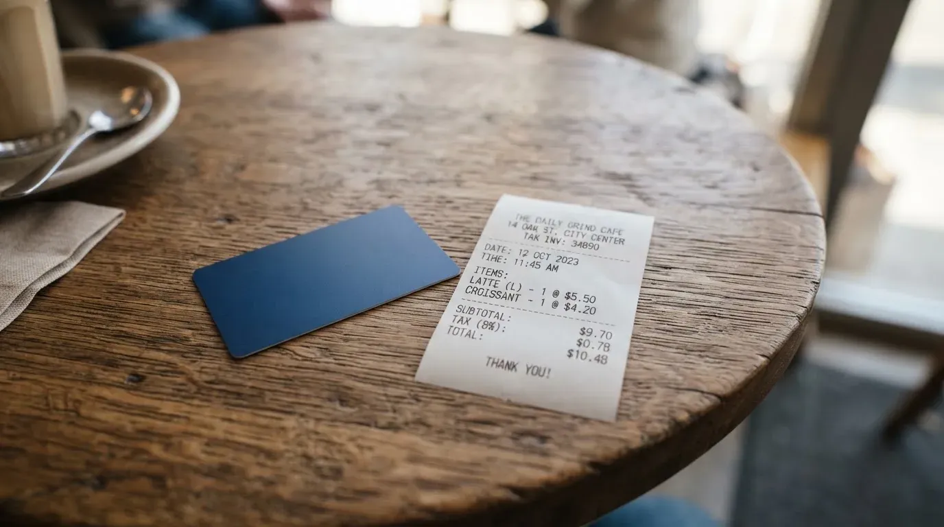 A receipt and a card on a café table