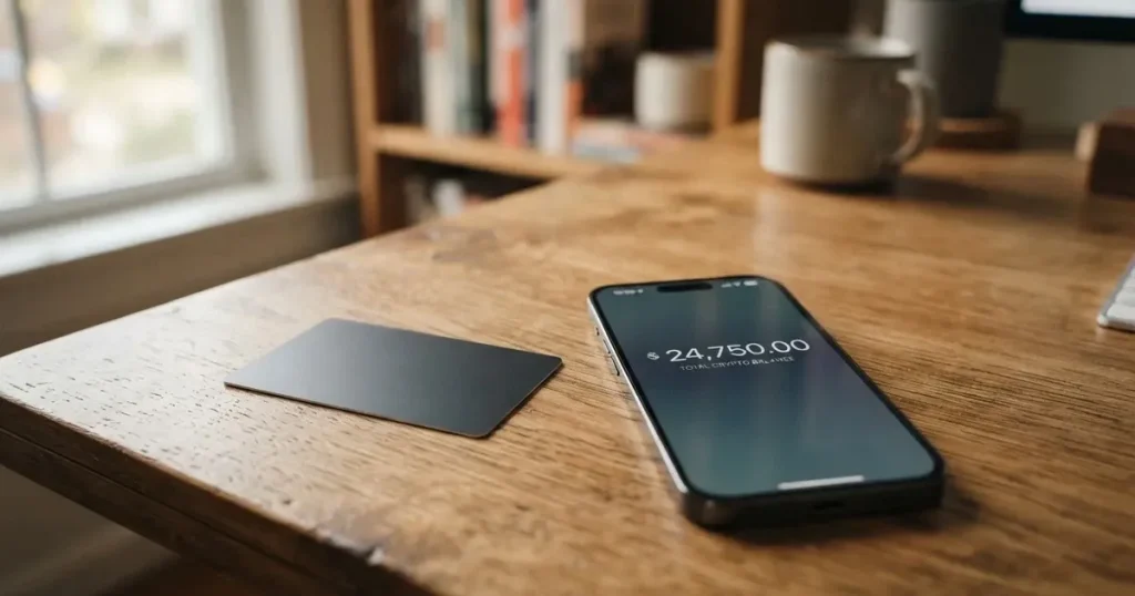 A payment card next to a phone with a crypto wallet app open