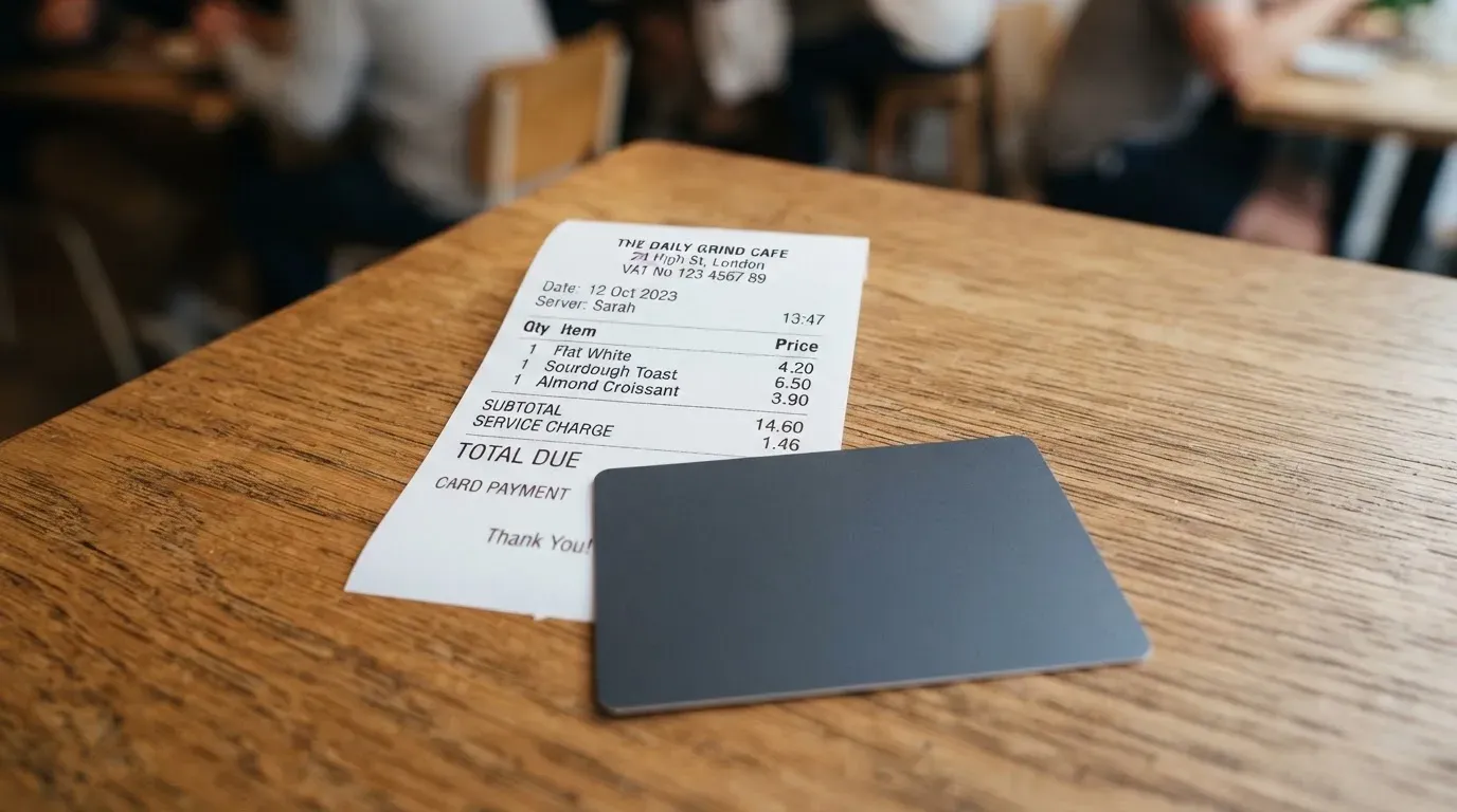 A receipt and a card on a café table