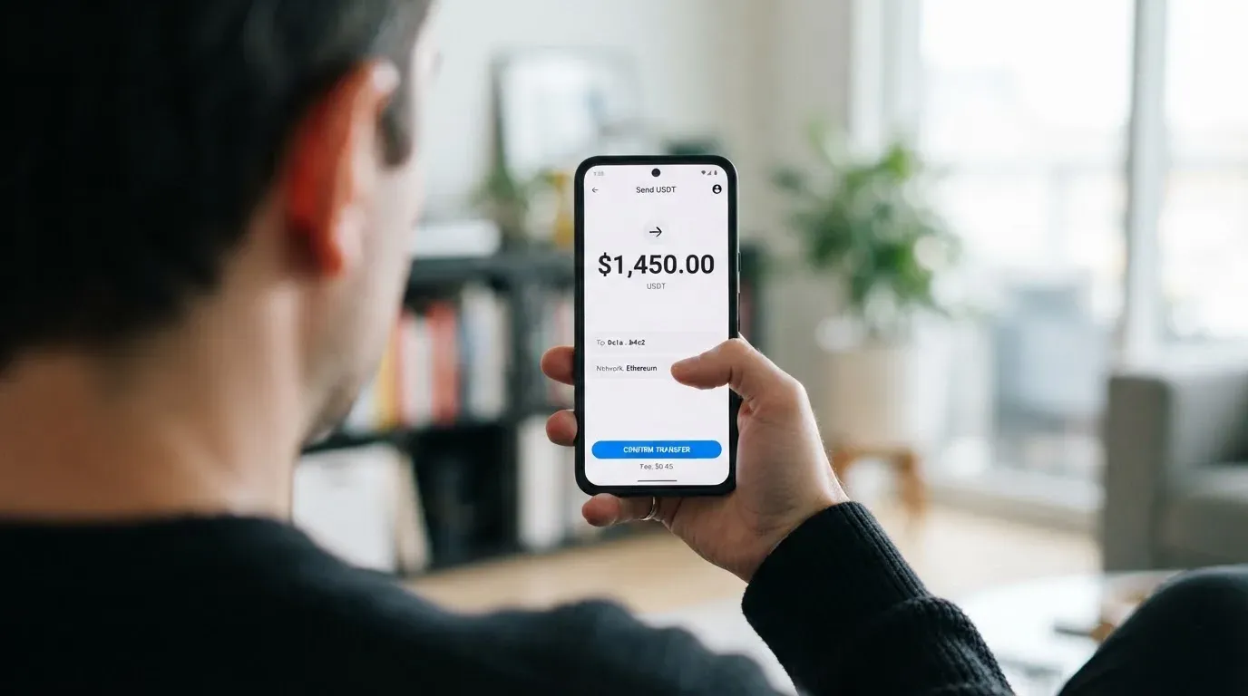 A phone showing a stablecoin transfer screen