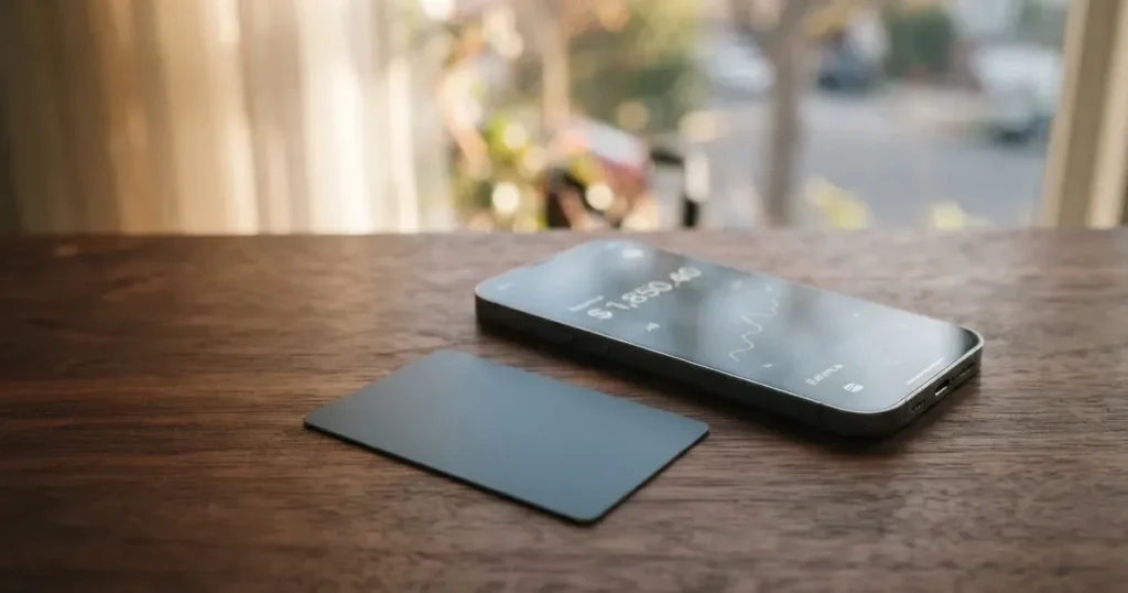 A payment card next to a phone with a crypto wallet app open