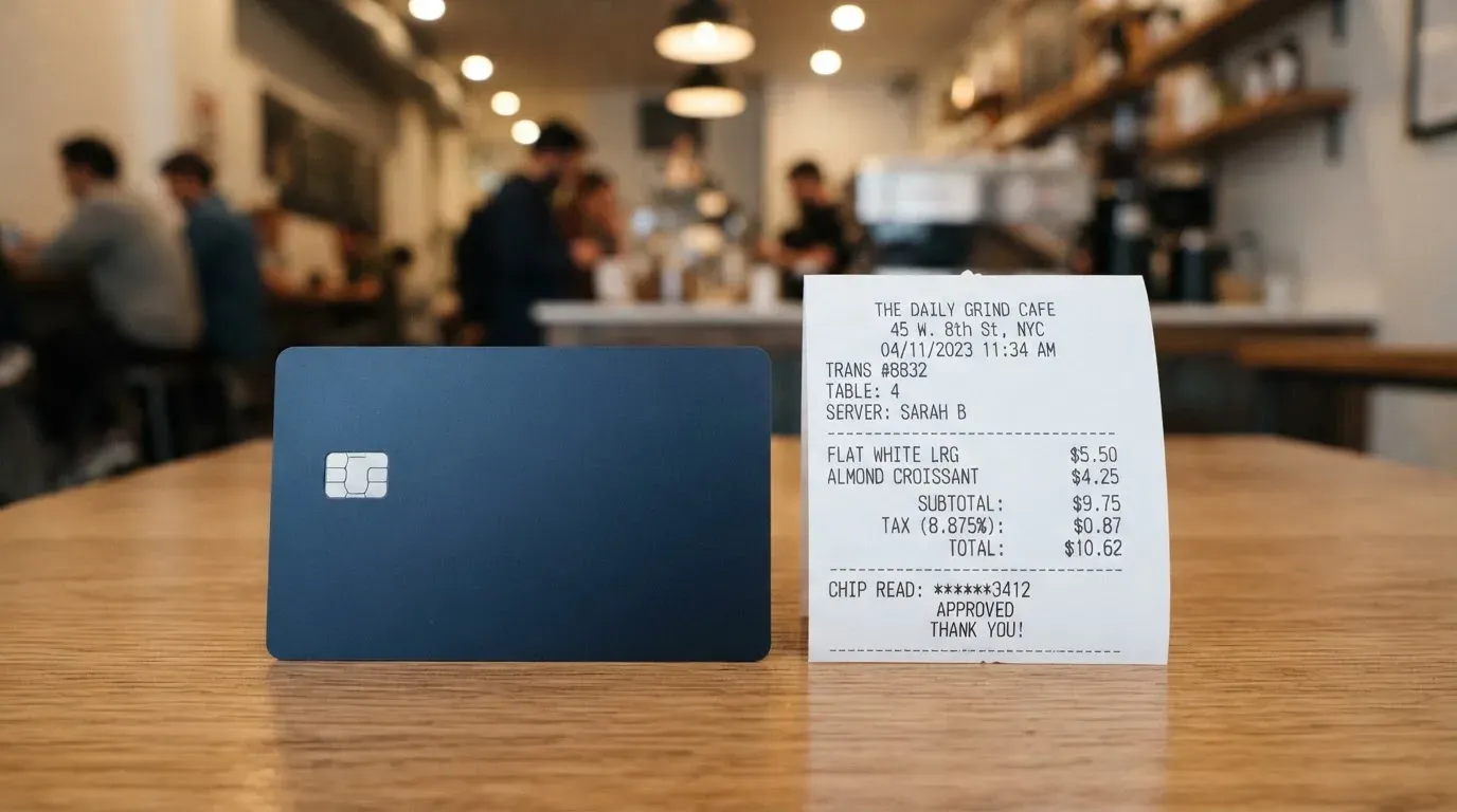 A receipt and a card on a café table
