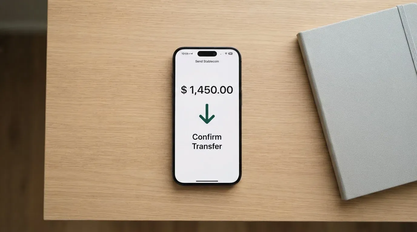 A phone showing a stablecoin transfer screen