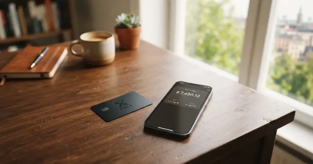 A payment card next to a phone with a crypto wallet app open