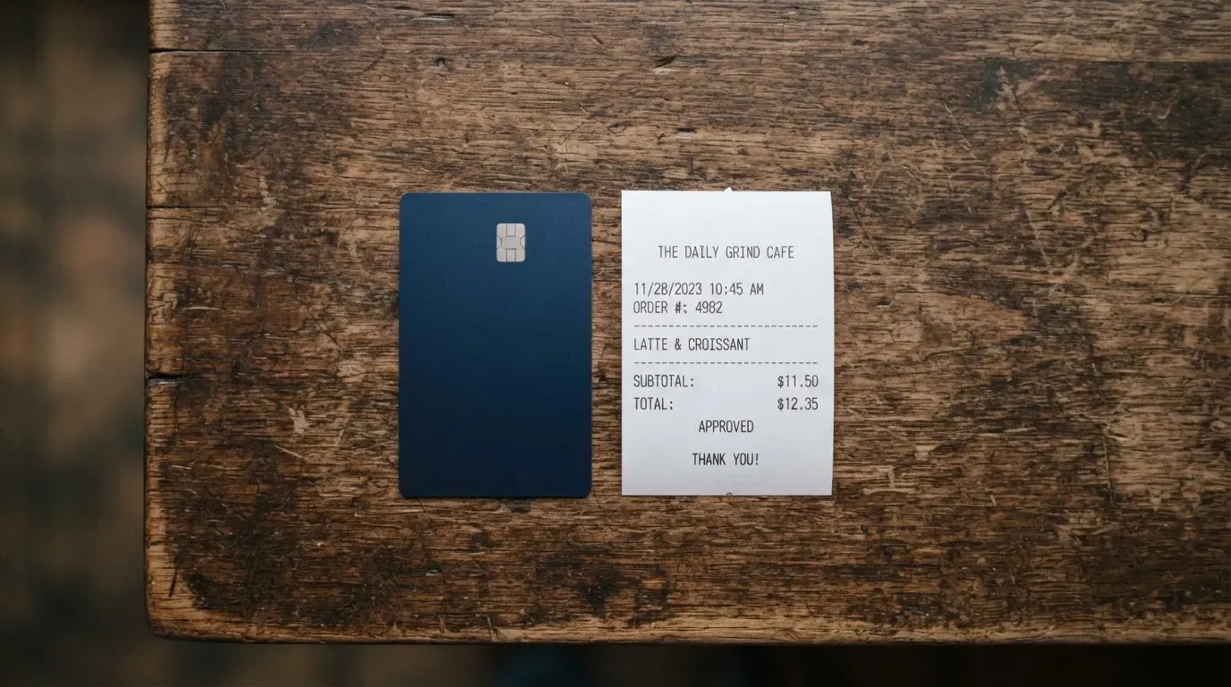 A receipt and a card on a café table