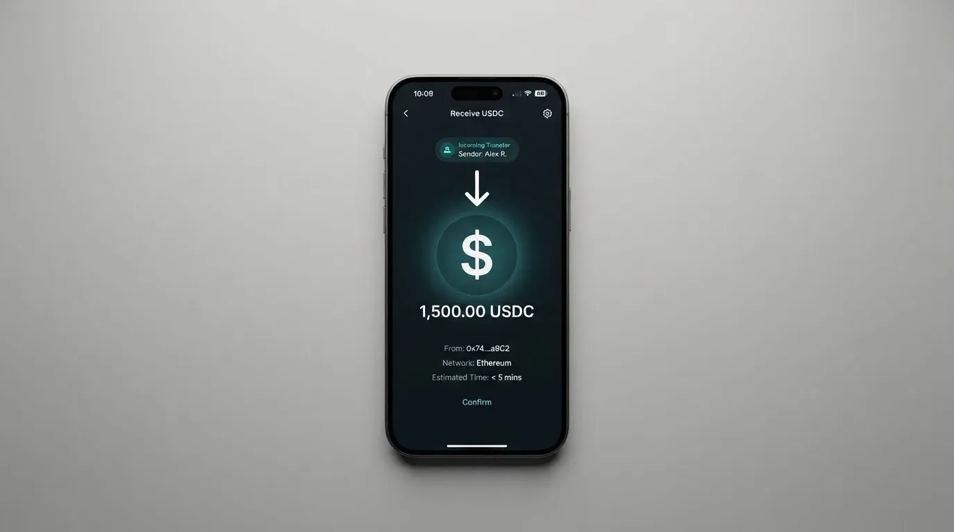 A phone showing a stablecoin transfer screen