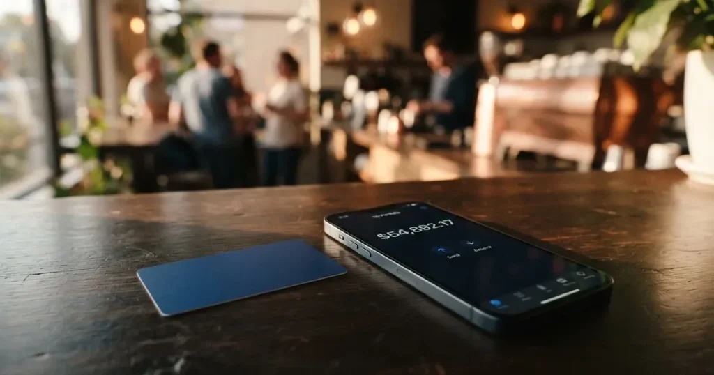 A payment card next to a phone with a crypto wallet app open