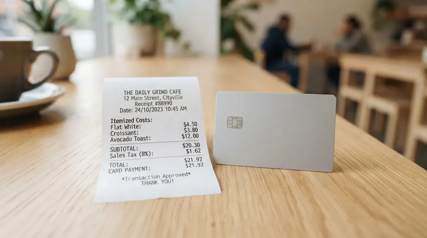 A receipt and a card on a café table