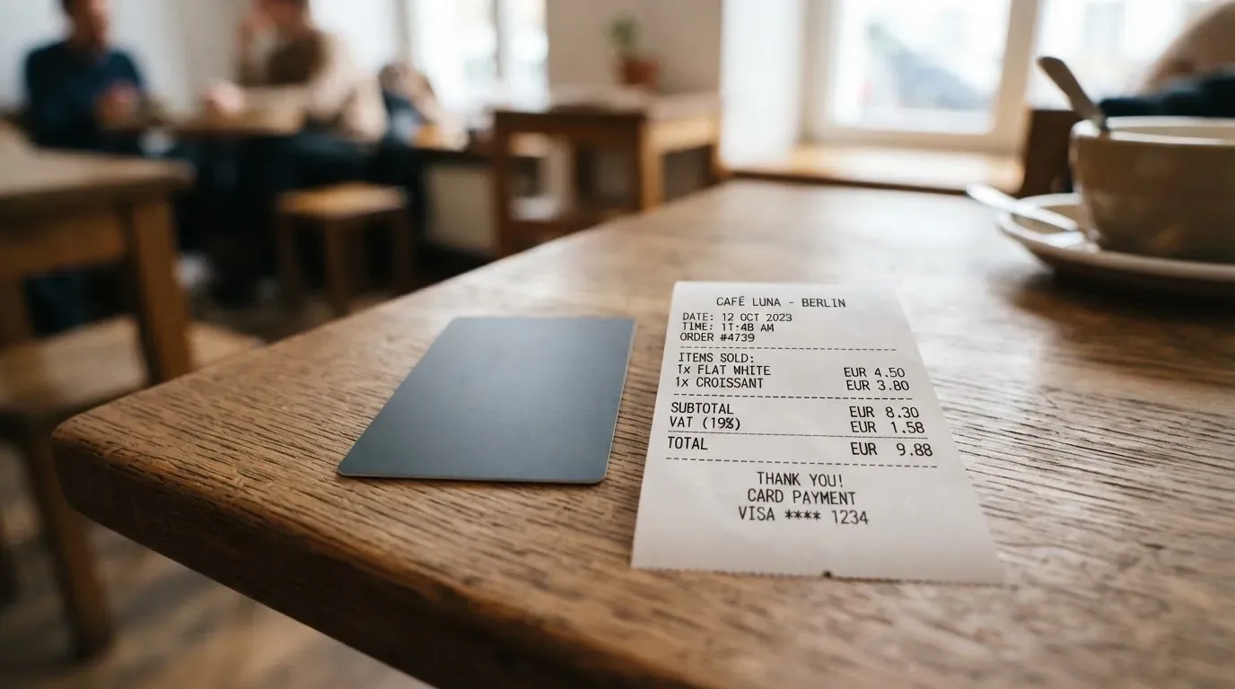 A receipt and a card on a café table