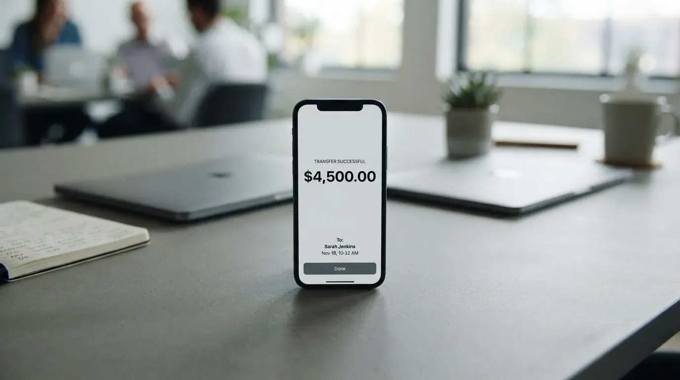 A phone showing a stablecoin transfer screen