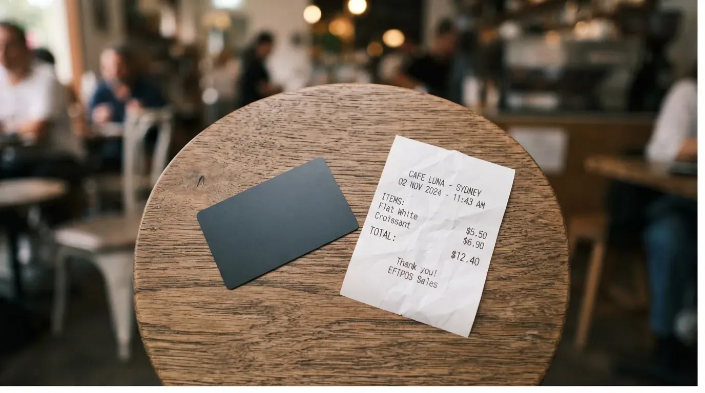 A receipt and a card on a café table