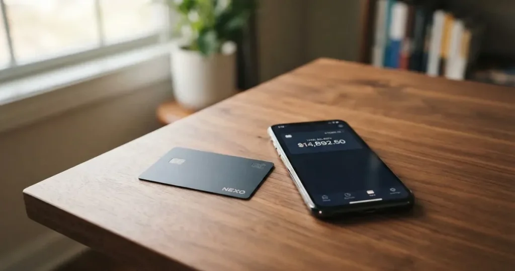 A payment card next to a phone with a crypto wallet app open