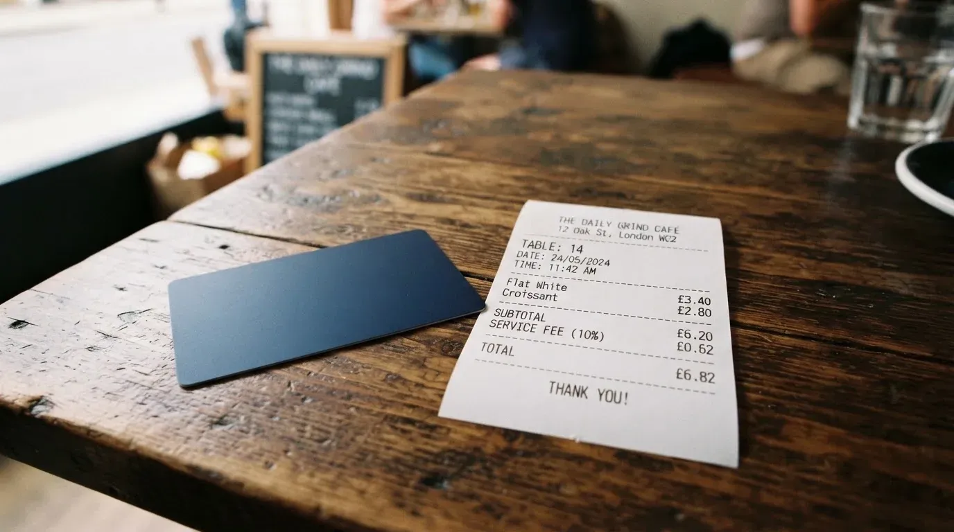 A receipt and a card on a café table