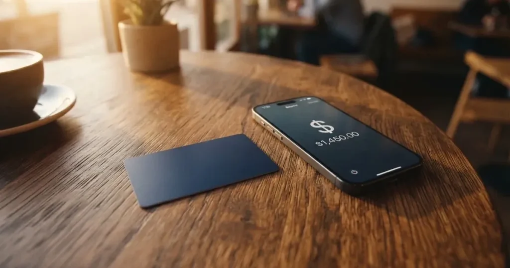 A payment card next to a phone with a crypto wallet app open