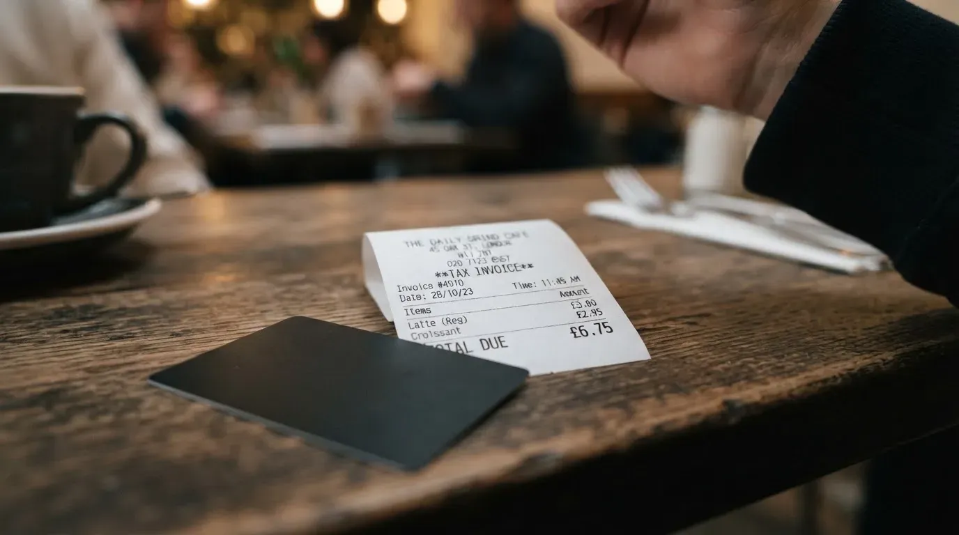 A receipt and a card on a café table