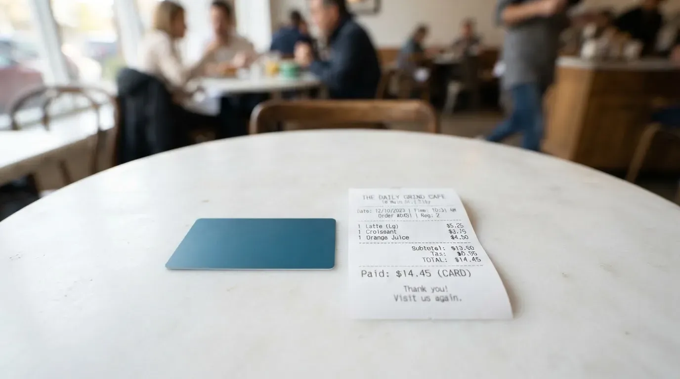 A receipt and a card on a café table