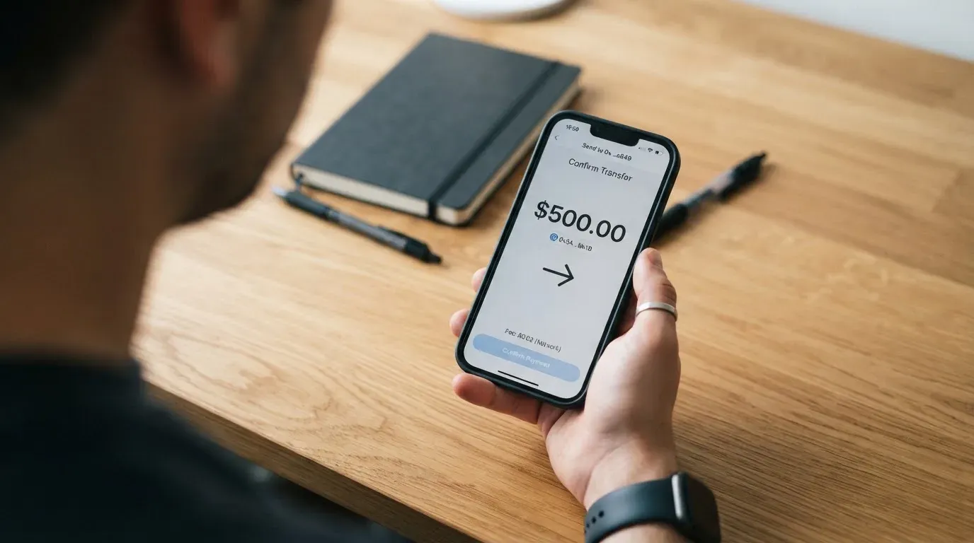 A phone showing a stablecoin transfer screen