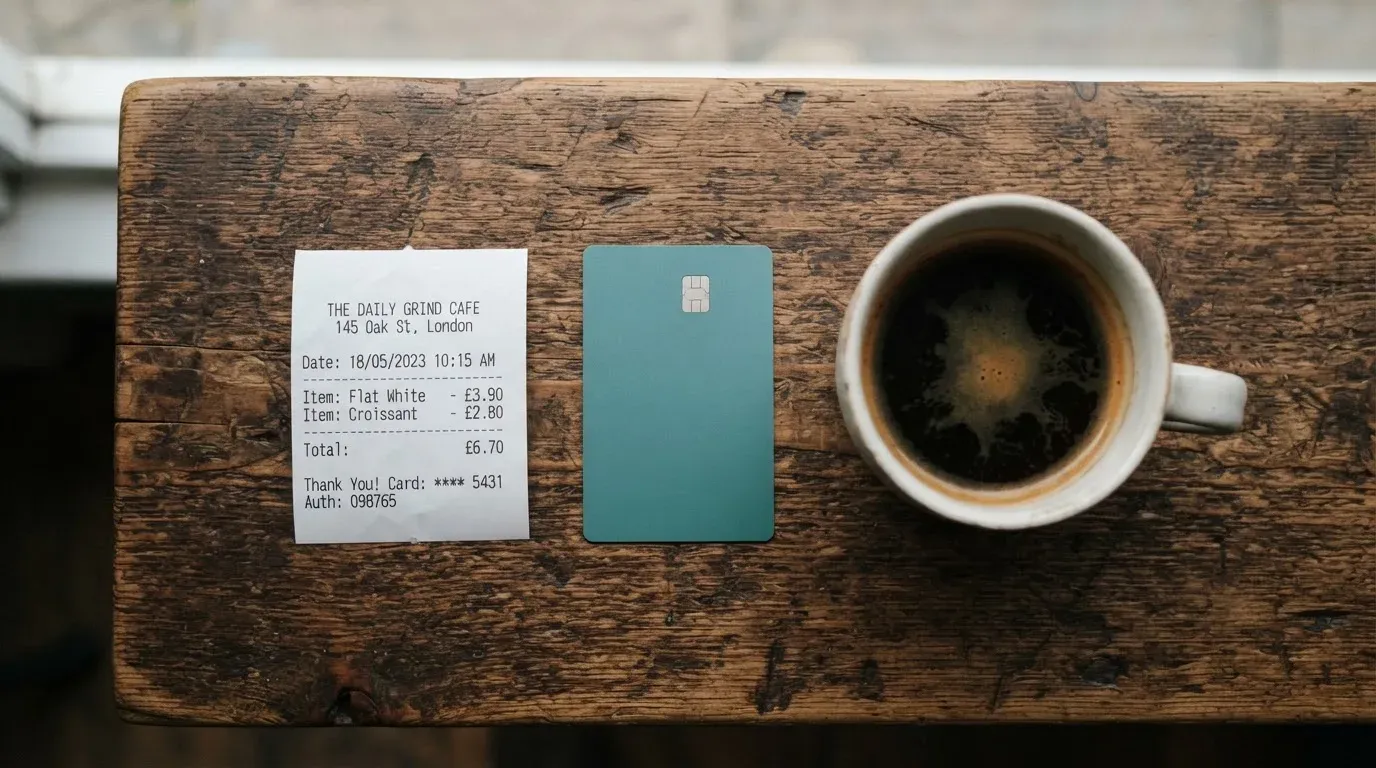 A receipt and a card on a café table