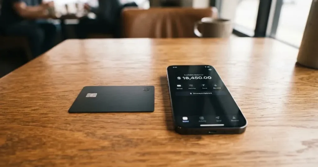 A payment card next to a phone with a crypto wallet app open