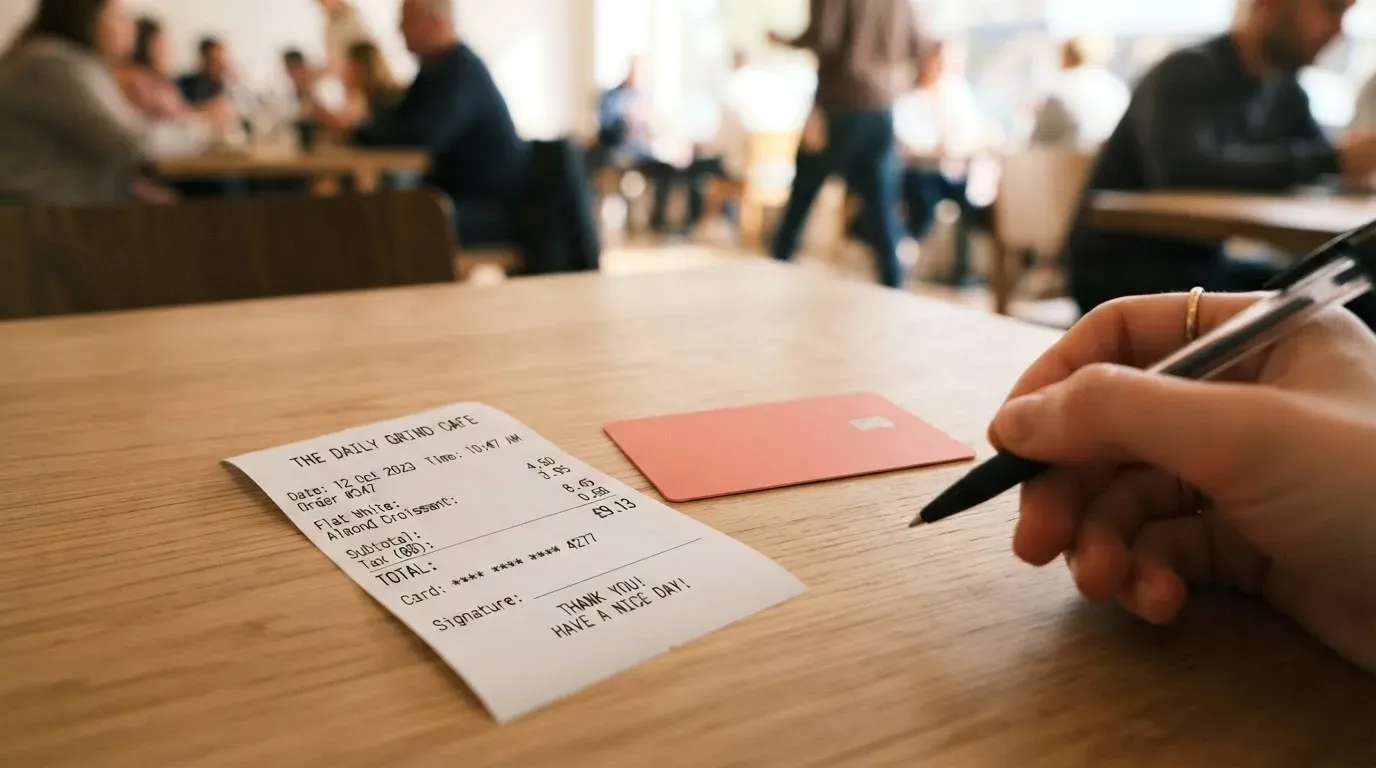 A receipt and a card on a café table