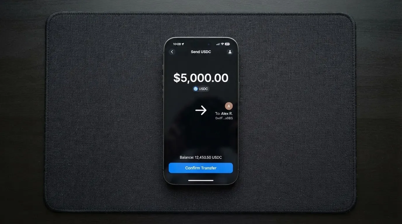 A phone showing a stablecoin transfer screen