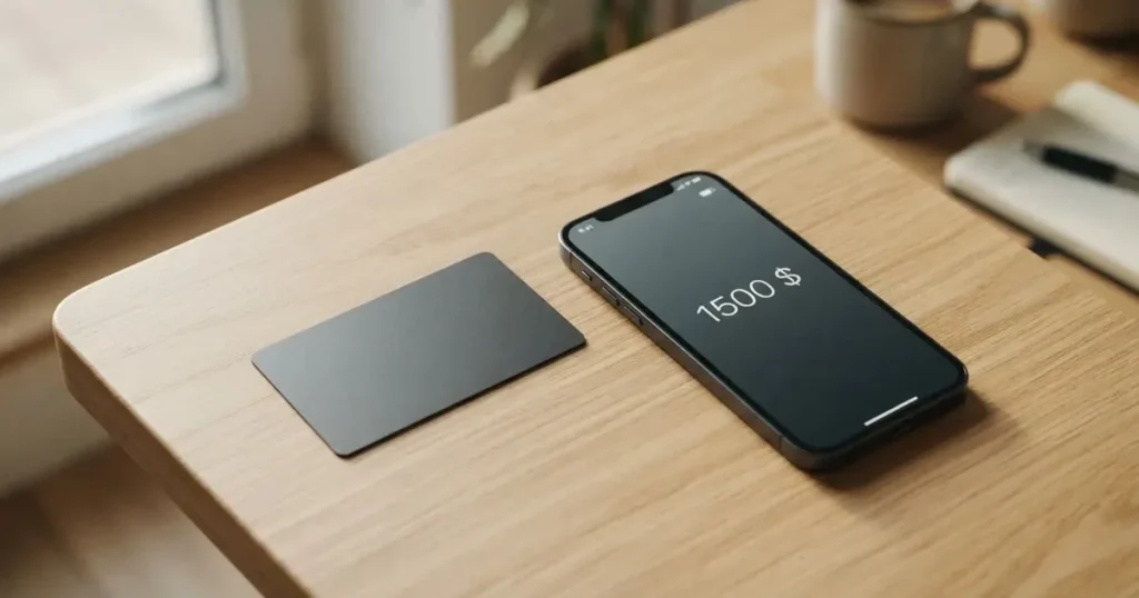 A payment card next to a phone with a crypto wallet app open